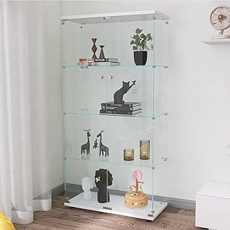 JT Glass Display Cabinet 4 Shelves with Two Doors,Easy to Install,Solid Tempered Glass,Floor Standing Curio Bookshelf for Living Room Bedroom Office (White-)