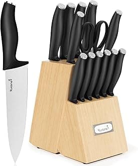 Kuisine Premium kitchen Chef Knife Set,High Carbon Stainless Steel Ultra Sharp Blade Ergonomic Handle,Block Knife Set with Built-in Sharpener,Elegant Gift for Holiday(Black,15PCS)