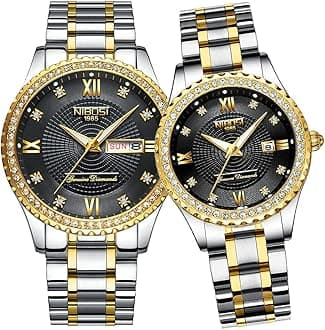 NIBOSI Watches for Couples Diamond Luxury Men and Women His and Hers Pair Watch Set Husband Wife Valentines Matching Wrist Watch Wedding Gifts Day Date Waterproof Quartz Analog