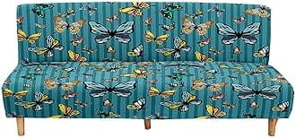 Mateju Armless Sofa Bed Cover, Butterfly Pattern Folding Sofa Bed without Armrests, Non Slip Stretch Futon Slipcover Protector for 2-3 Seater, Washable Couch Bed Slipcovers (Peacock blue,120-150cm)