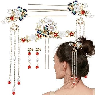 Aswewamt 5 Pcs Butterfly Chinese Tassel Hair Stick Peony Flower Crystal Pearl Hanfu Hair Pins Classical Floral Wedding Headpiece Brides Hair Jewelry Accessories for Updo Long Hair Women Girls