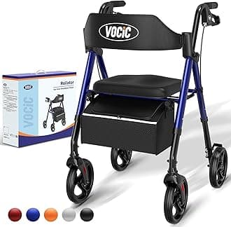 VOCIC Walkers for Seniors,Foldable Walker with Seat,Lightweight Rollator with Durable Aluminum,330lbs Load Capacity,8" Big Wheels for All Terrain, Adjustable Height Rolling Walker| Pashion Blue