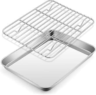E-far Metal Toaster Oven Tray Set, 10.5”x8.3” Small Stainless Steel Baking Pan with Wire Rack for Cooking Broiling, Rimmed Metal Sheet for Roasting Cooling Cookie Bacon Steak