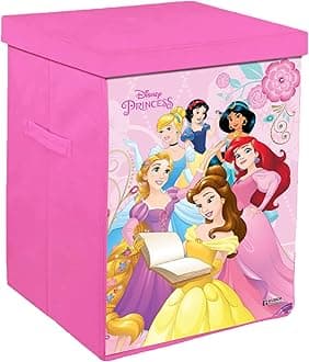 Kuber Industries Non-Woven Foldable Laundry Basket for Clothes with Lid | Disney Princess Print | Cloth Storage Box for Washing | Toy Storage Organizer | 45 LTR | Pink, 37x37x49 cm