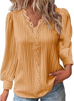 Long Sleeve Shirts for Women 2024 V Neck Lace Tops Business Casual Dressy Blouses Work Oversized Shirts Fall Clothes