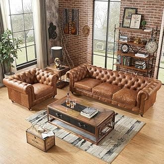 Modern & Classic 4 Seater Lathreratte Tufted 3+1=4 Chesterfield Sofa for Living Room, Dining Room, Hallway and Office=(Brown).