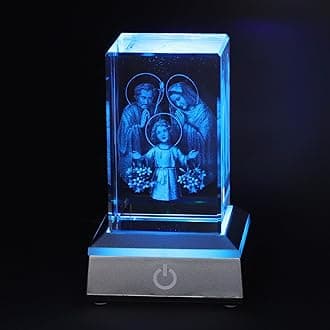 KOMI 3D Crystal Holy Family Figurine Statue with LED Light Base, Laser Engraved Holy Family Statues Religious Gifts for Women Men, Christian Catholic Gifts