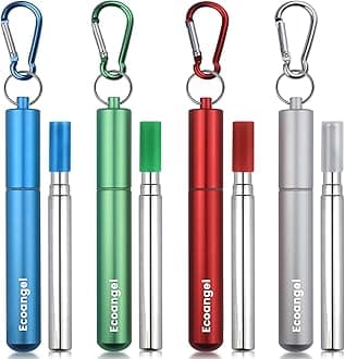 Cruise Ship Essentials,4-Pack Reusable Collapsible Stainless Steel Drinking Straws with Aluminum Case,Cleaning Brush,and Keychains-Silver,Blue,Red,Green