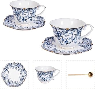 Vintage Floral Porcelain Tea Cup and Saucer Set with Spoon, Gold Trim, 6.4 oz – Set of 2, Blue – Tea & Espresso & Coffee Cups (2, China Flower)