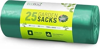 EcoBag - 20 Pack Extra Strong Heavy Duty Garden Sacks - 80L - 25 Microns - Recyclable, Leak Resistant & Eco-Friendly, Durable Garden Waste Disposal Bags for Household & Commercial Use (700x860mm)