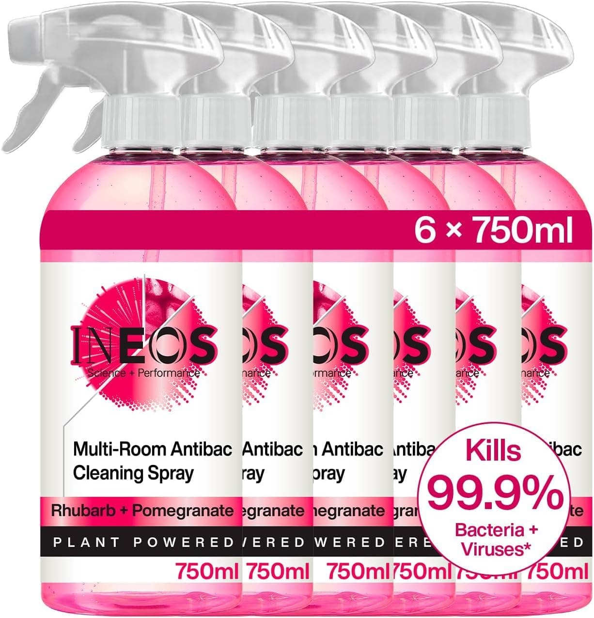 Next-Gen Cleaning Antibac Spray, 4.5L (750ml x 6), Multi-Room, Plant Powered, Limescale + Grease Remover, Kills 99.9% of Bacteria + Viruses, Rhubarb + Pomegranate, Packaging May Vary