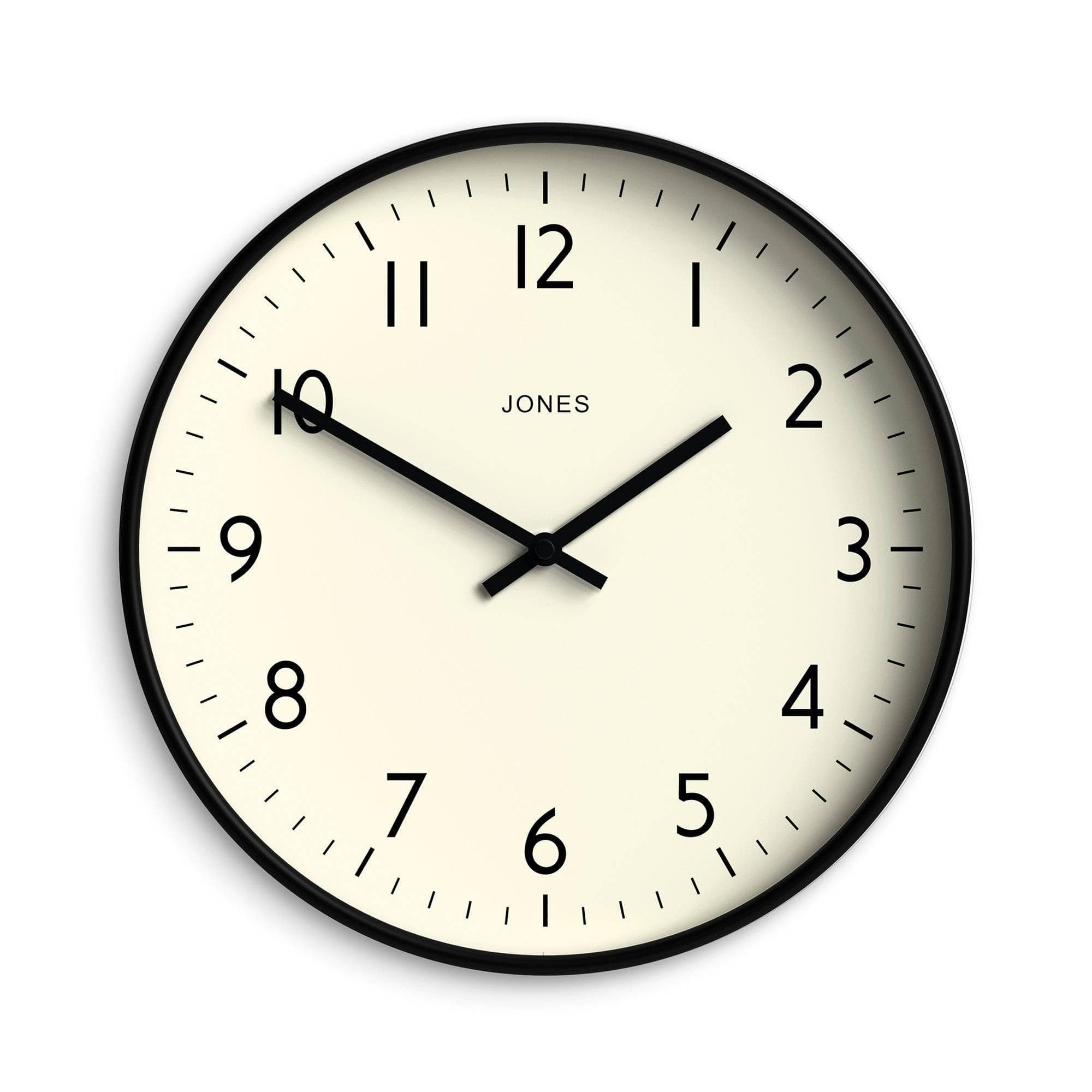 JONES CLOCKS® Studio Round Wall Clock - Modern Designer Clock for Kitchen, Living Room, Office - Easy to Read Dial - Contemporary Design (Black)