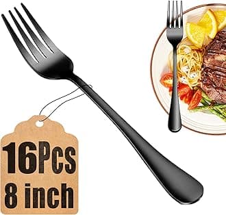 16 Piece Black Dinner Forks Set, Food-Grade Stainless Steel Silverware Forks, Cutlery Fork, Metal Fork for Home, Kitchen or Restaurant, Mirror Polished, Dishwasher Safe - 8 Inch