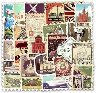 Vinyl Vintage Stamp Stickers Retro Travel Stickers 50 Pcs Suitcase Stamp Sticker Pack Stamp Decals for Suitcase Laptop Car Luggage Water Bottle