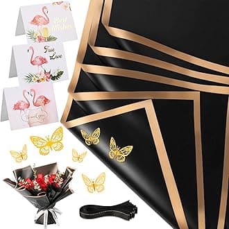 SACATR 20 Sheets Flower Wrapping Paper - Waterproof Floral Bouquet Wrapping Paper, Florist Supplies with 3D Gold Butterfly Decor(Black-Rose Gold)