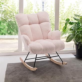 Nursery Rocking Chair Teddy, Upholstered Glider Rocker with High Backrest, Comfortable Stylish Accent Armchair with Padded Seat for Living Rooms, Bedrooms, Pink