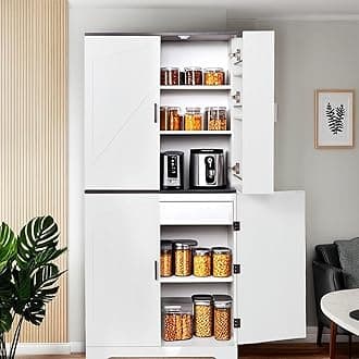 FONTOI Pantry Cabinet, Kitchen Pantry Storage Cabinet, Pantrys Organizers and Storage with Drawer, Adjustable Cabinets with Doors and Shelves, Wood Cupboard for Kitchen, Dining Room, Bathroom, White