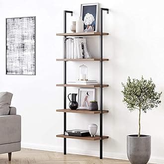 Theo 5-Shelf Oak Wood Modern Bookcase, Open Wall Mount Ladder Bookshelf with Industrial Black Metal Frame