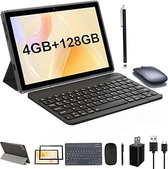 Tablet with Keyboard, 10 Inch 4GB RAM+128GB ROM+1TB Android Tablets PC, 2.0Ghz Quad-core Processer Computer, 8MP Dual Camera, 6000mAh Battery, 2 in 1 Tablets with Case, Mouse, Stylus, Type-c cable