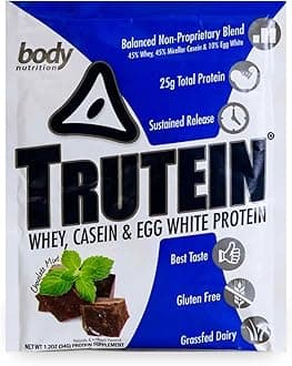 Body Nutrition Trutein High Protein Powder: 45% Whey, 45% Casein, 10% Egg White, Gluten-Free, Low Sodium, Grass Fed Whey Protein Powder, Gym Supplement & Breakfast Shake, Chocolate Mint, 34g Sample
