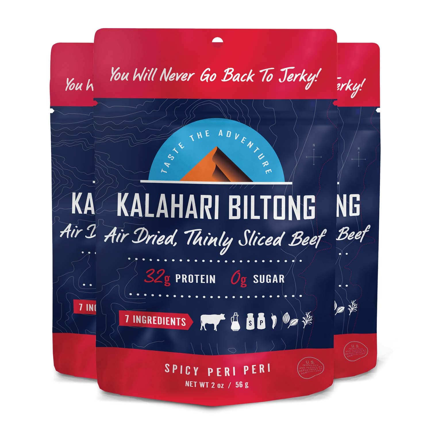 Spicy Peri Peri Kalahari Biltong, Air-Dried Thinly Sliced Beef, 2oz (Pack of 3), Sugar Free, Gluten Free, Keto & Paleo, High Protein Snack