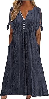 Elegant Summer Dresses for Women 2026 Trendy Tie Short Sleeve Button Down v Neck Eyelet Maxi Long Tshirt Dress