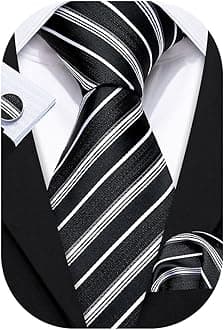 Barry.Wang Stripe Men Ties Set Classic WOVEN Necktie with Handkerchief Cufflinks Formal