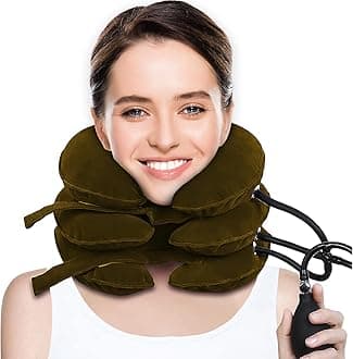 Cervical Neck Traction Device for Neck Pain Relief, Adjustable Inflatable Neck Stretcher Neck Brace, Neck Traction Pillow for Use Neck Decompression and Neck Tension Relief (Brown)