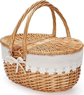 Zormy 12" Light Picnic Basket - Small Wicker Basket with Handle Lid & Removable Lining, Cute Toy Basket for Kids, Gift Basket Empty for Halloween, Christmas, Valentines, Easter, Birthday - Cream