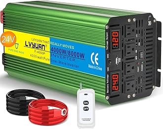 LVYUAN 4000 Watt Heavy Duty 8000(Peak) Pure Sine Wave Power Inverter 24V DC to 110V 120V AC Converter with 4 sockets,LED Display,Remote Control and USB Port for Family,RV, Truck,Road Trip,Emergency