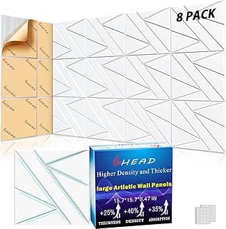 8 Pack Self-Adhesive Soundproof Wall Panels, 15.7 x 15.7 x 0.47 in Sound Proof Foam Panels for Walls, 1.2lb/ft³ High Density, Thicker 0.47in, Large Size Acoustic Panels, Sound Dampening Panels White