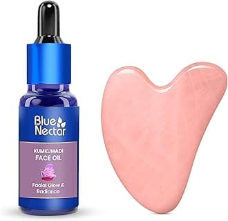 Blue Nectar Rose Quartz Gua Sha for Face with Kumkumadi Oil | Natural Face Massager and Face Serum for Women & Men (30ml, 1 Rose Quartz Gua Sha Stone)