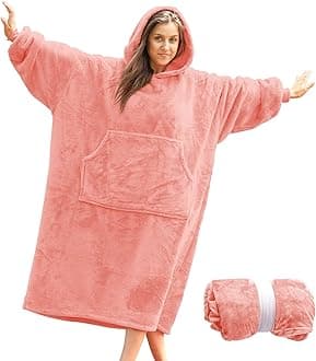 Oversized Wearable Blanket Hoodie for Women Adults, Ultra-Soft Fleece Hooded Sweatshirt Blanket with Deep Pocket, Extra Warmth Hoodie Blanket for Women, Indoor & Outdoor Use, Light Pink