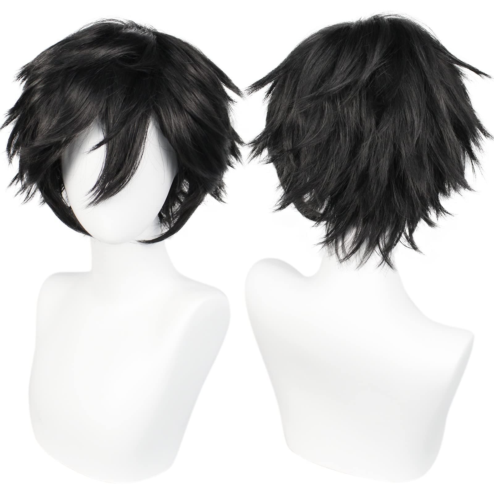 ANOGOL Hair Cap+ Short Black Wig for Men Short Black Men's Wigs for Cosplay Black Anime Cosplay Wig Layered Black Party Wigs with Bangs for Halloween Costume Christmas Peluca Negra Synthetic Hair