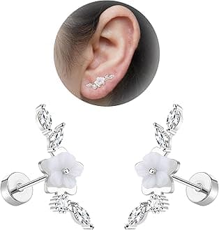 20G Cartilage Earrings for Women 14K Gold Stainless Steel Flat Back Cartilage Stud Earrings for Sensitive Ear Leaf Opal CZ Handmade Helix Conch Piercing Jewelry