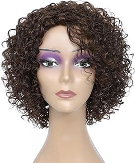 HUA Short Curly Human Hair Wigs for Black Women Highlights Brown Color Kinky Curly Wigs for White/Black Women 8 Inch Brazilian Short Human Hair Wigs for Black Women Wear And Go Glueless Wig