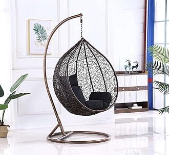 Karnak Indoor Outdoor Patio Wicker Hanging Chair Swing Egg Basket Chairs with Stand UV Resistant Cushions 120kg Capacity for Patio Backyard Balcony Random Color Cushions (BROWN - WITH ASSEMBLY)