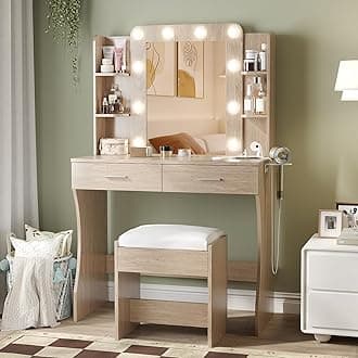 Vanity Desk with Mirror and Lights,Makeup Vanity Table with Charging Station,2 Drawer Bedroom Dressing Table with 3 Colors Modes Dimming & Cushioned Stool,Natural Oak