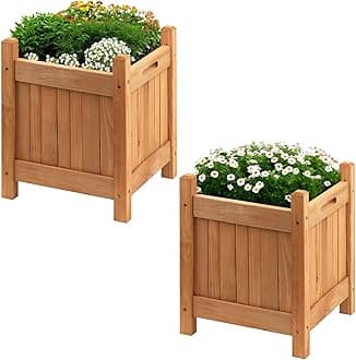 GEEZY Square Wooden Garden Planters Set of 2 - Weather Resistant, Easy Assembly, Carry Handles, Outdoor Flower Pots - Raised Wooden Bed for Growing Flowers, Vegetables, Plants, Herbs