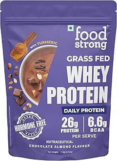 Foodstrong Whey Protein Powder (Concentrate + Isolate), 100% Hormone free Grass-fed Whey, 26g Protein & 6.6g BCAA, Daily Protein Chocolate Almond Flavour, With Turmeric & Digestive Enzymes, No Added Sugar, 1Kg