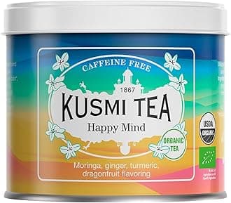 Kusmi Tea Happy Mind - 100 gr Loose Tea Tin - Plant-Based Organic Herbal Tea with Dragon Fruit, Turmeric, Apple, Chili Pepper, Moringa, Lemon & Ginger - Caffeine Free