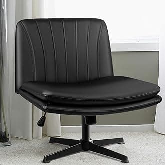 PU Leather Armless Office Desk Chair No Wheels,Criss Cross Legged Wide Padded Swivel Vanity Chair,120°Rocking Mid Back Ergonomic Computer Task Chair for Home, Make Up,Small Space,Black