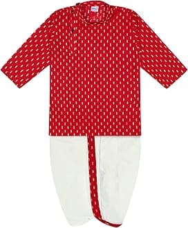 superminisBoy's Cotton Kurta with Dhoti - Golden Thread Work, Round Collar, Full Sleeves, Side Button Kurta Set for Ethnic Wear