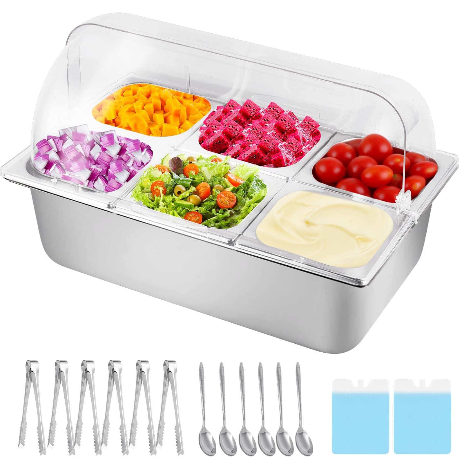 Cold Food Buffet Server 9.6Qt (6 Pans×1.6Qt) with Ice Packs for Salad Pizza Sauce Colded Serving Trays Condiments Containers for Parties Buffet