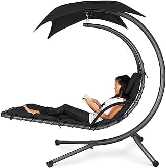 Best Choice Products Outdoor Hanging Curved Steel Chaise Lounge Chair Swing w/Built-in Pillow and Removable Canopy - Black