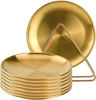No Name No SealNo Name No Seal 8-piece 7.8-inch appetizer plate with stand set Gold silver stainless steel round plates Suitable for cakes desserts, salads, dips, snacks, side dishes (Gold, 7.8inch)