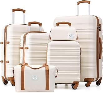 LONG VACATION Luggage Set 4 Piece Luggage Set ABS Hardshell TSA Lock Spinner Wheels Luggage Carry on Suitcase (White-Brown, 6 Piece Set)
