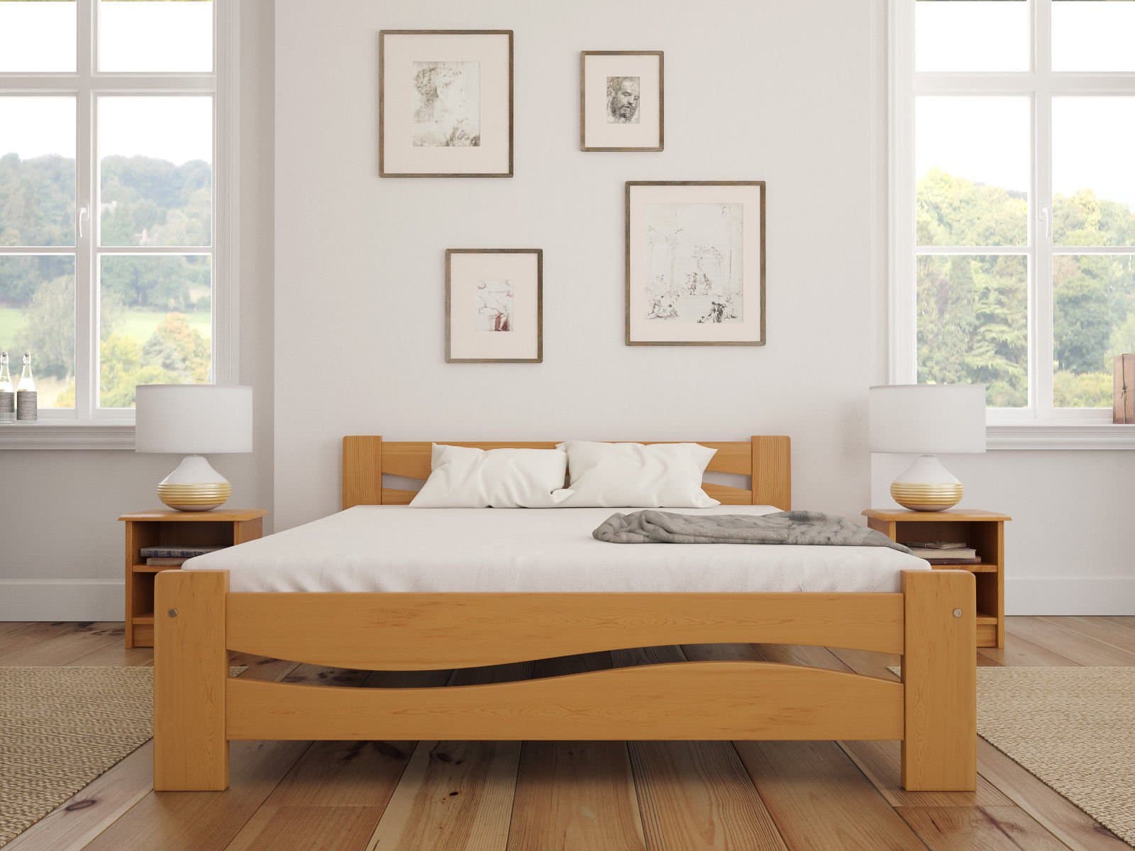 Solid Pine Wooden Bed Frame Double Size 4ft6" In Alder Colour & Sturdy Thick Slats