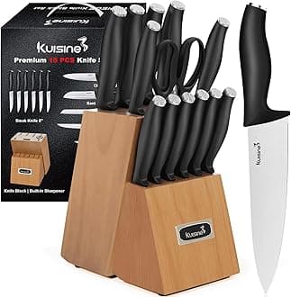 Kuisine Chef Knife Set,High Carbon Stainless Steel Ultra Sharp Blade Ergonomic Handle,Kitchen Knife Block Set with Built-in Sharpener, Elegant Gift for Holiday(Acacia,15PCS)