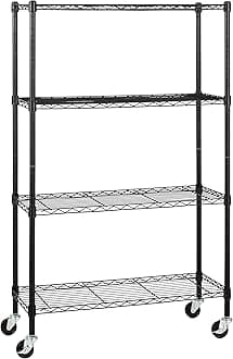 AmazonBasics 4-Shelf Shelving Alloy Steel Storage Unit on 3'' Wheel Casters, Metal Organizer Wire Rack (Black, 36L x 14W x 57.75H)